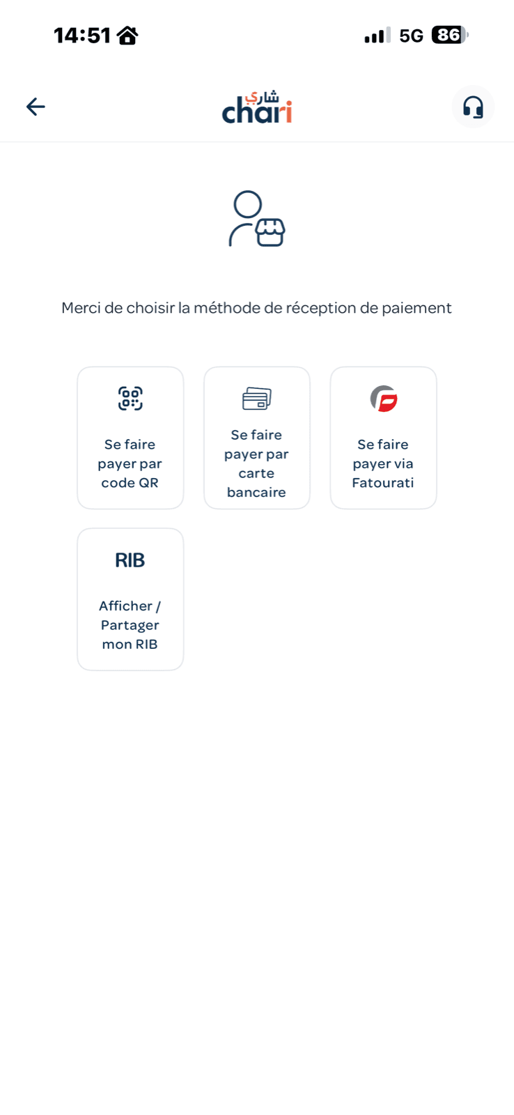 استلام أداء مع chari.ma: رمز QR، بطاقة، فاتورتي أو RIB
