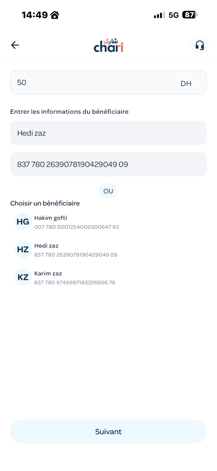 Transfert d'argent vers un bénéficiaire avec chari.ma